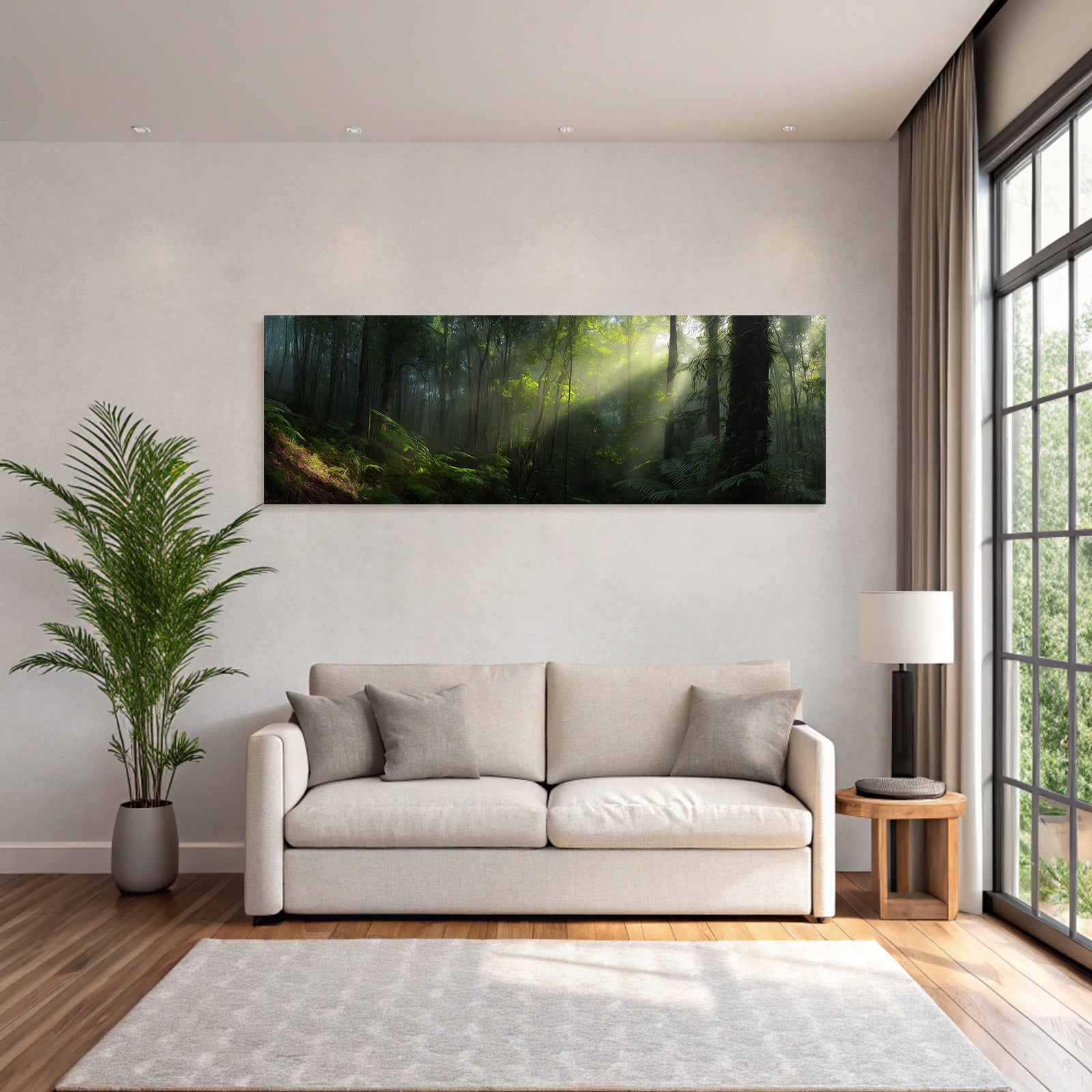 Tropics and jungle misty forest scene with light-filled trees and distant