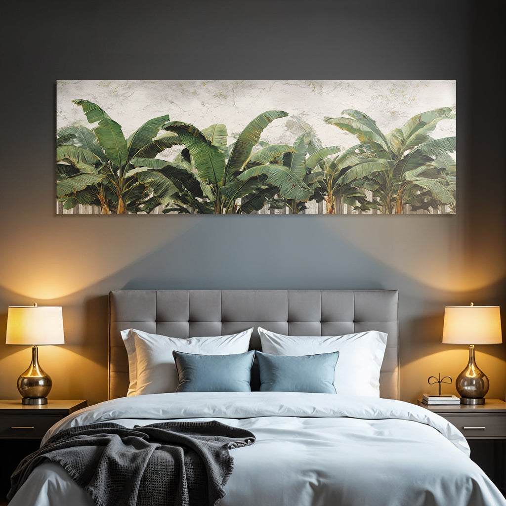 Tropics and jungle palm leaves of banana plants against textured background