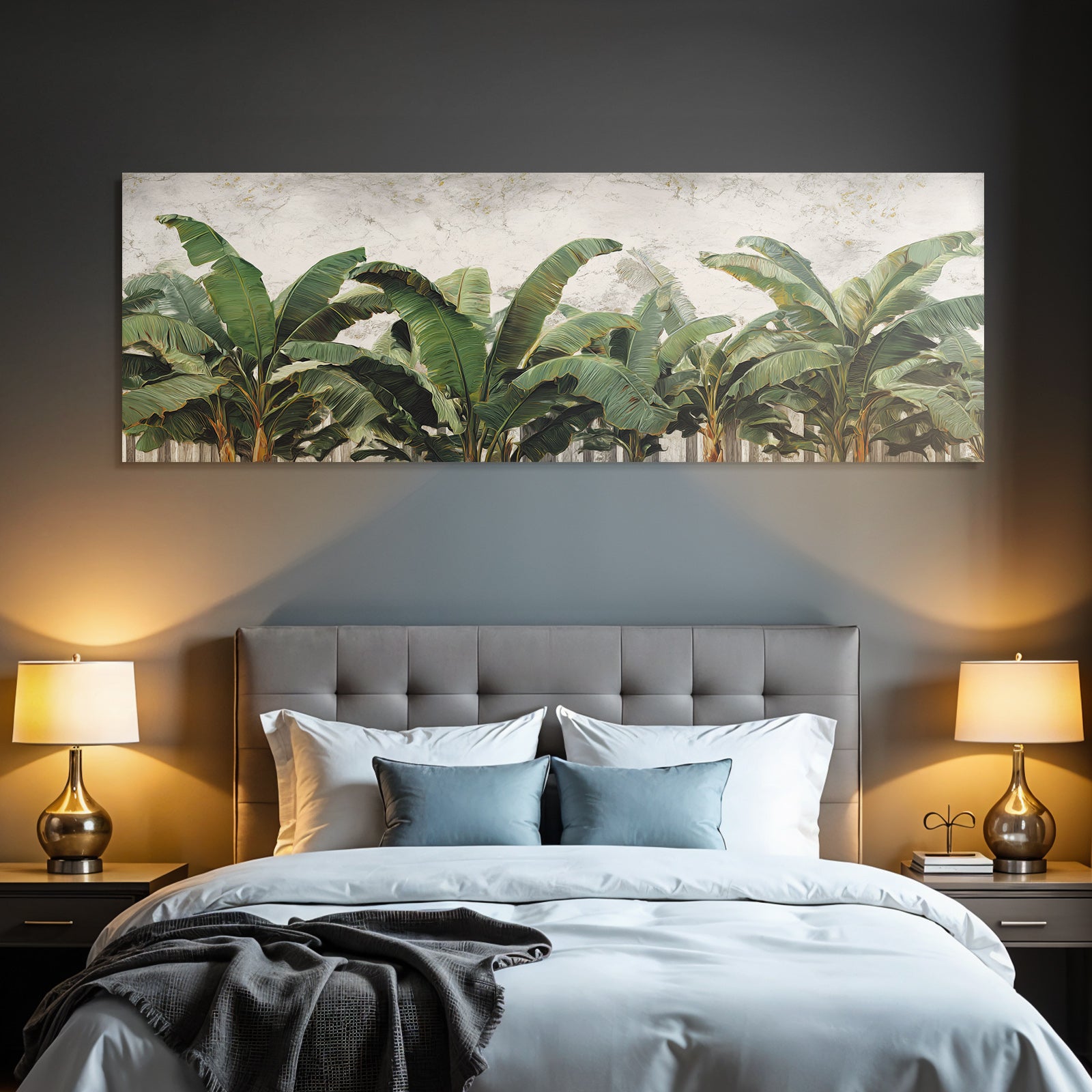 Tropics and jungle palm leaves of banana plants against textured background