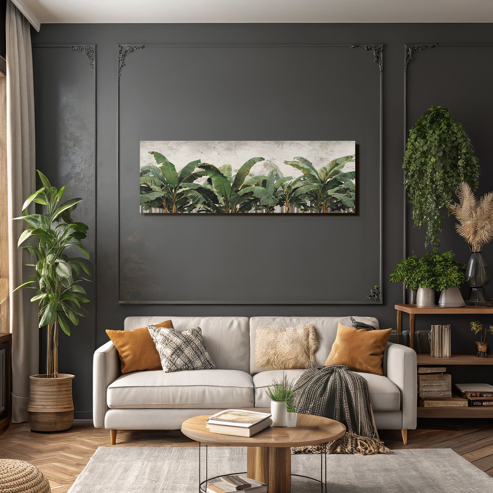 Tropics and jungle palm leaves of banana plants against textured background