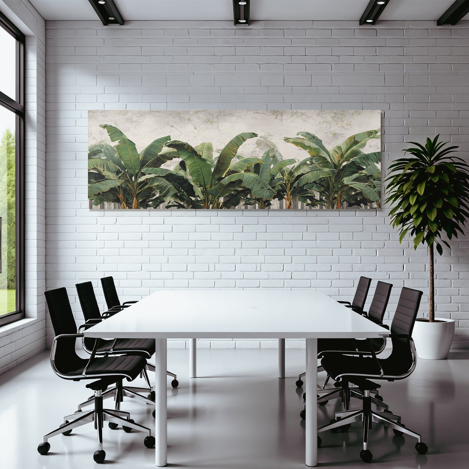 Tropics and jungle palm leaves of banana plants against textured background