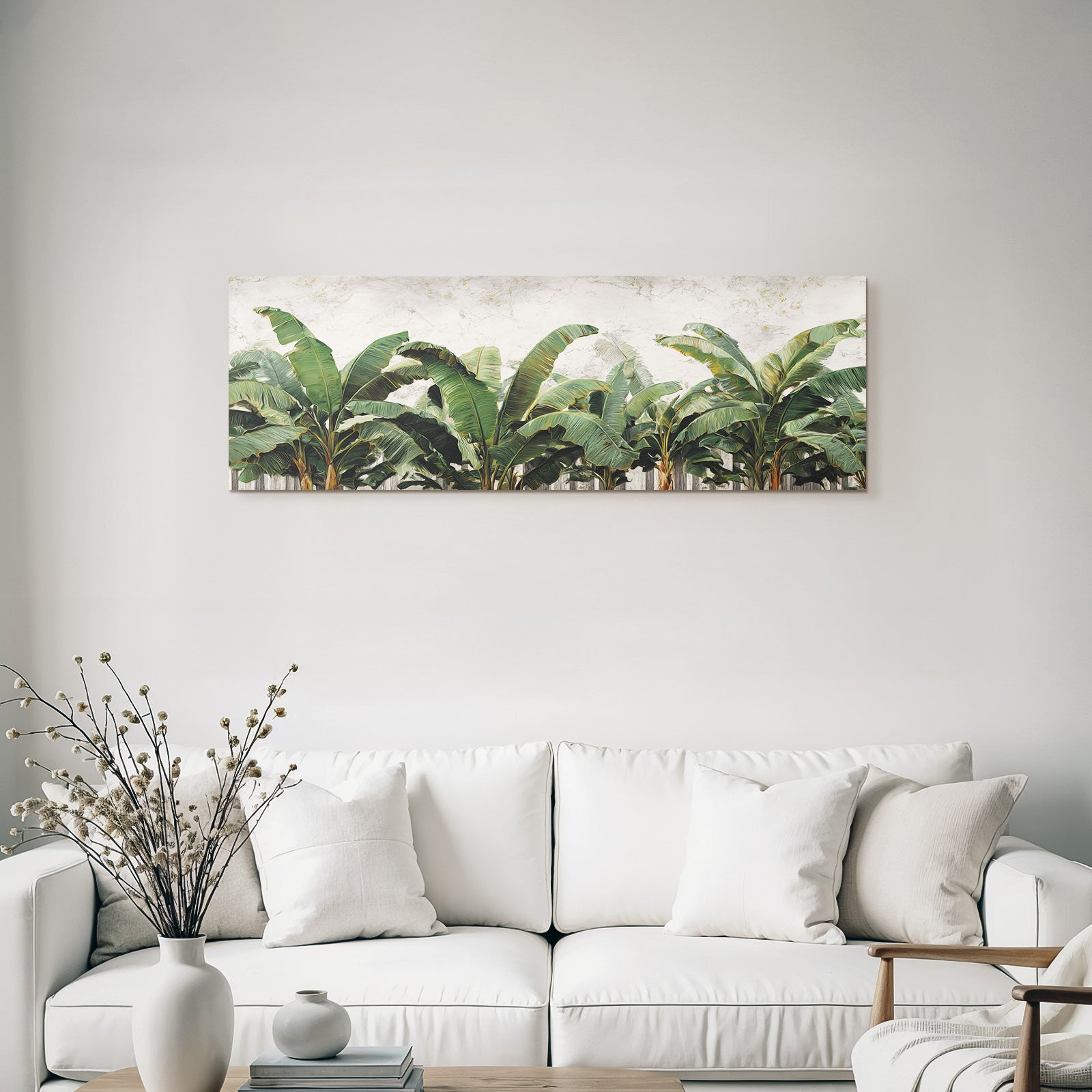 Tropics and jungle palm leaves of banana plants against textured background