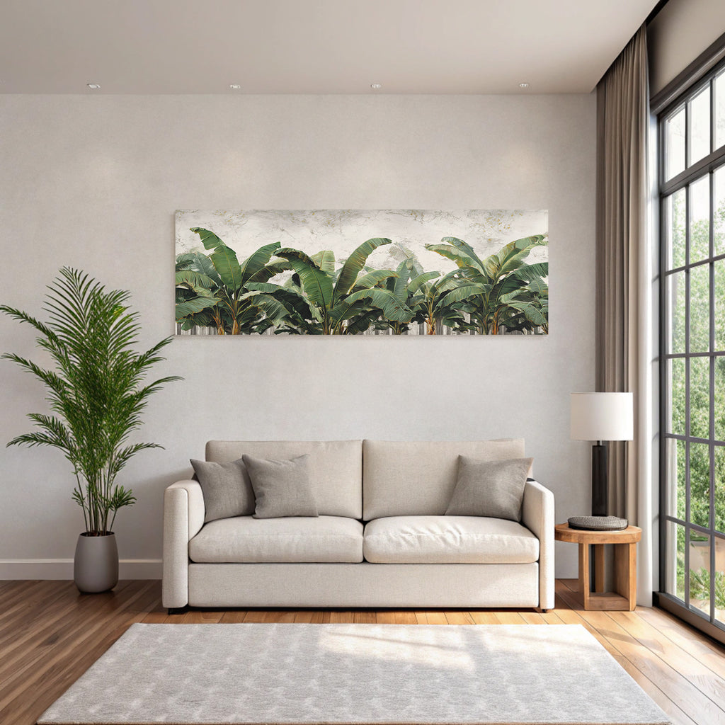 Tropics and jungle palm leaves of banana plants against textured background