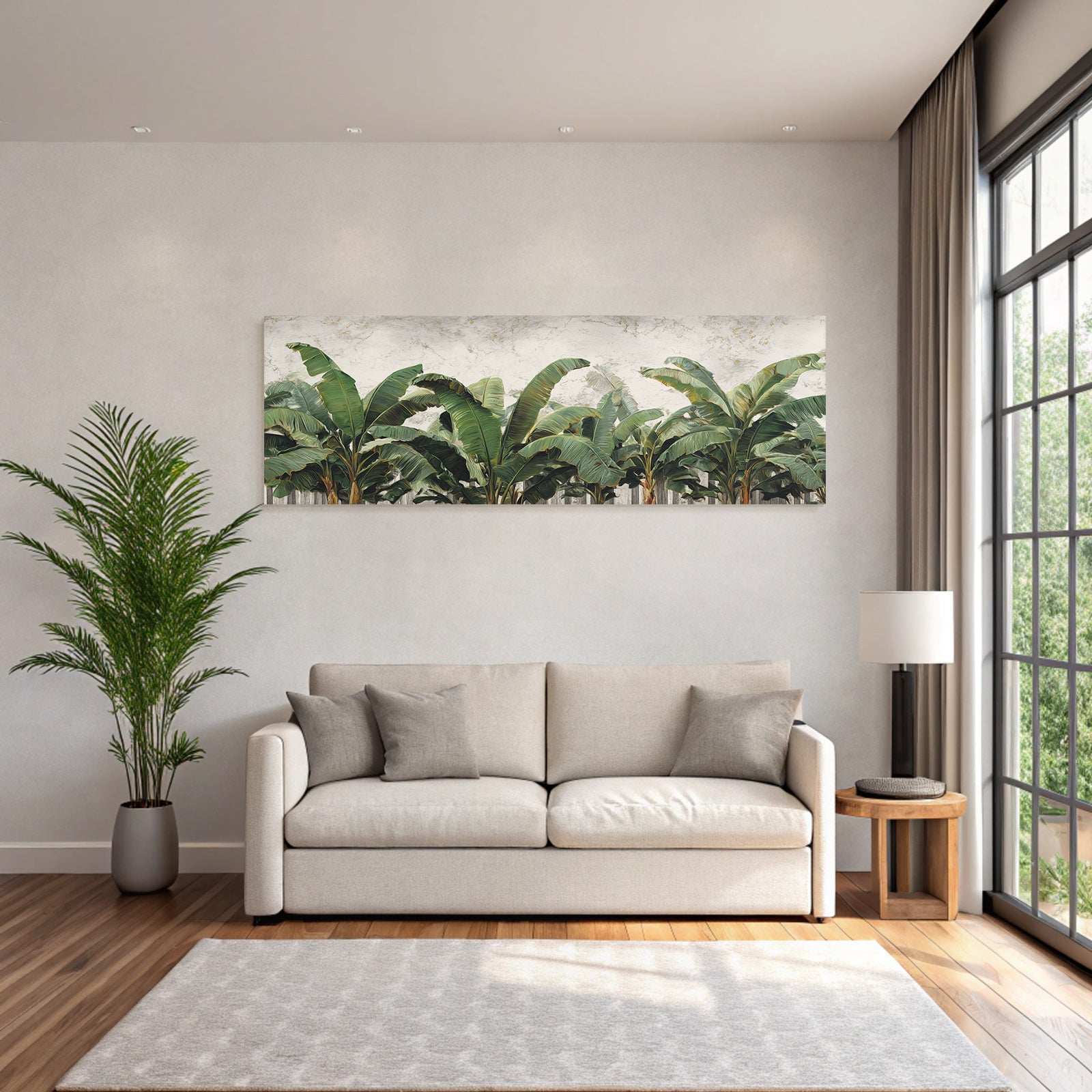Tropics and jungle palm leaves of banana plants against textured background