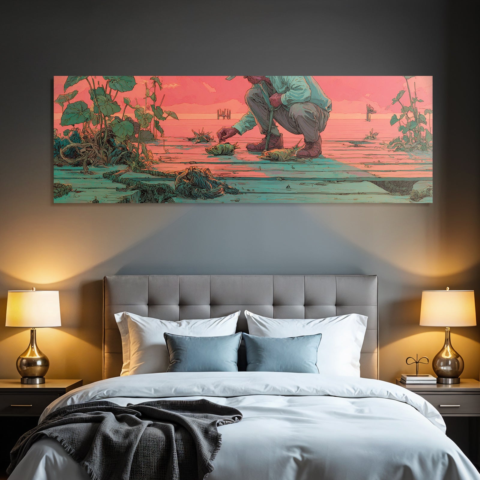 Tropics and jungle person fishing on wooden dock sunset landscape
