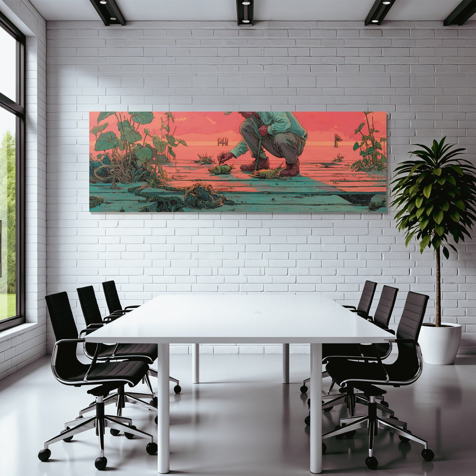 Tropics and jungle person fishing on wooden dock sunset landscape