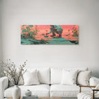 Tropics and jungle person fishing on wooden dock sunset landscape
