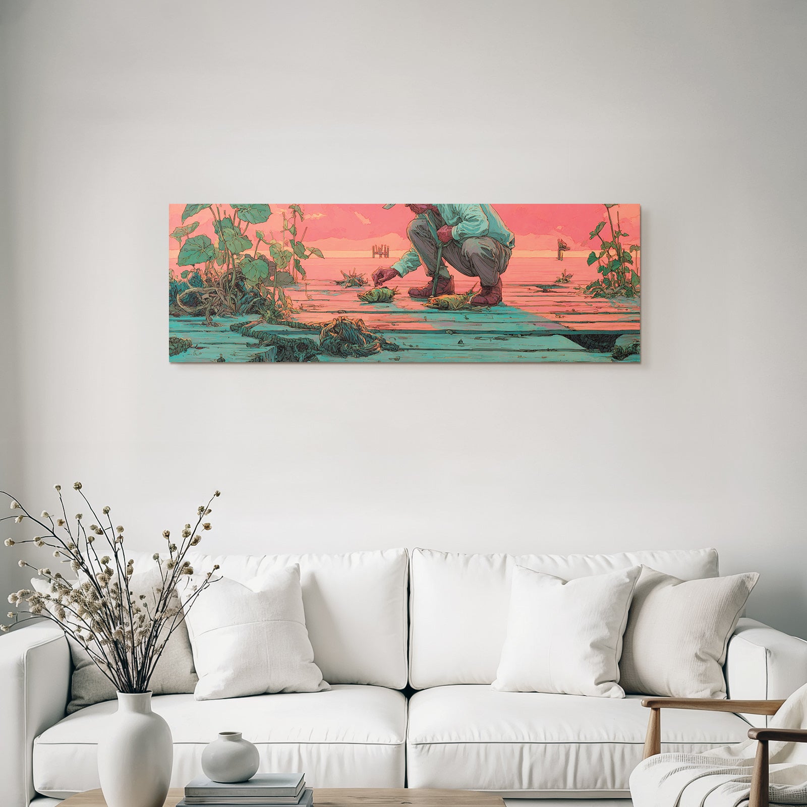 Tropics and jungle person fishing on wooden dock sunset landscape