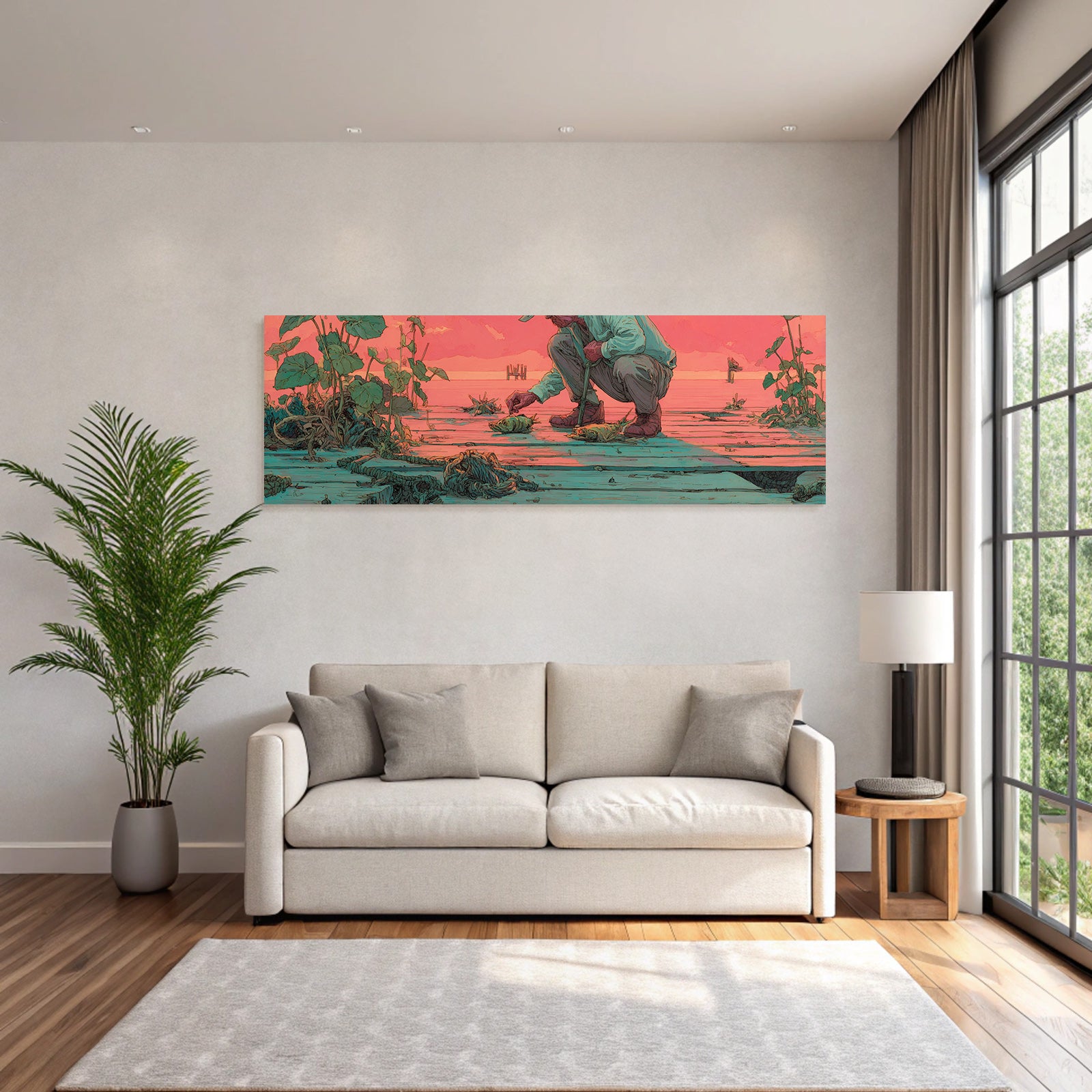 Tropics and jungle person fishing on wooden dock sunset landscape