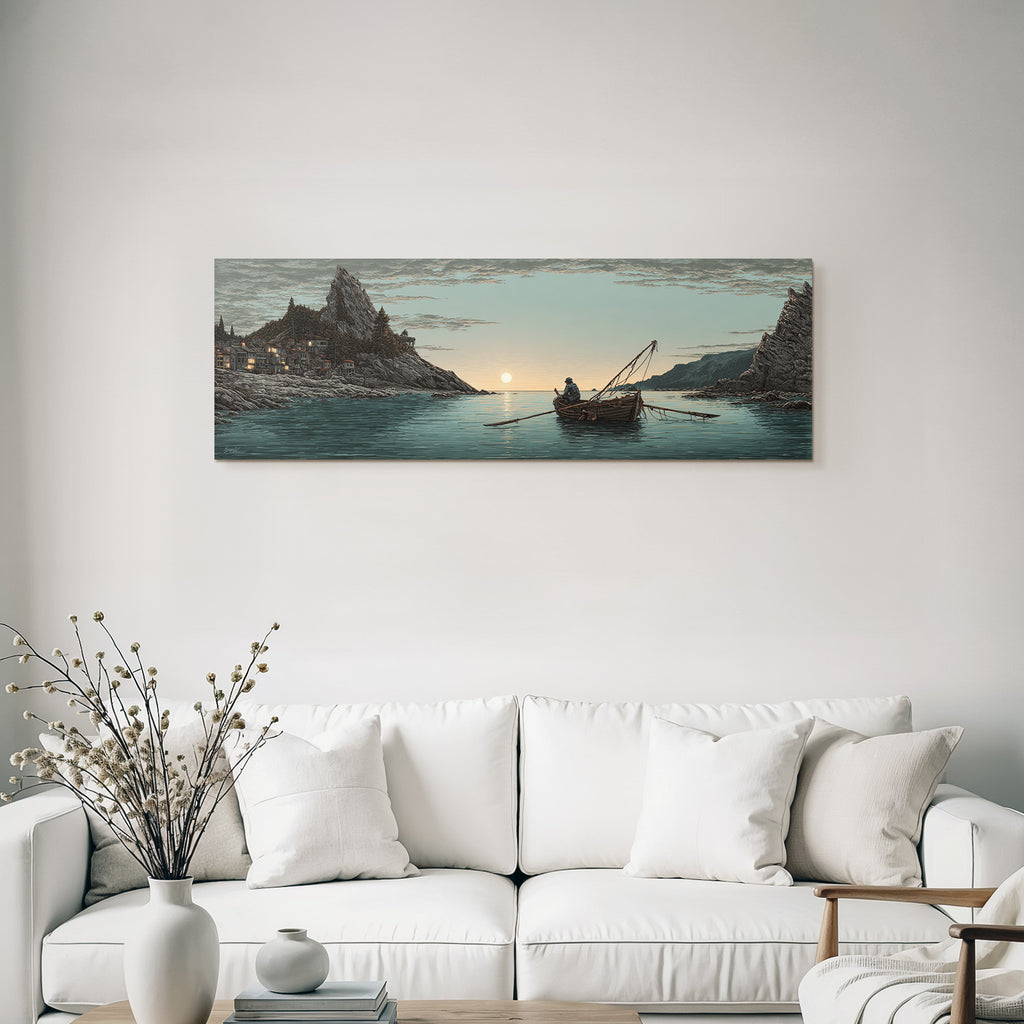 Tropical and jungle tranquil coastal landscape fishermen in boats at sunset