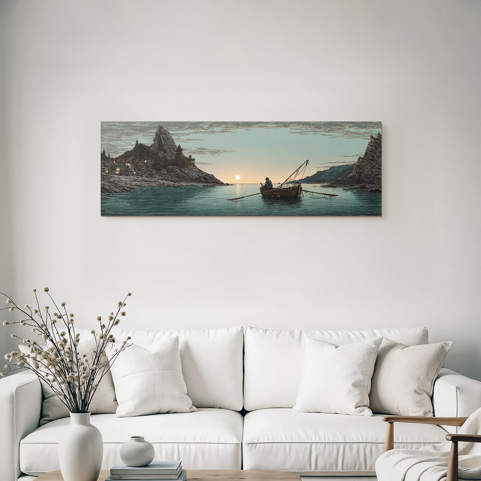 Tropical and jungle tranquil coastal landscape fishermen in boats at sunset
