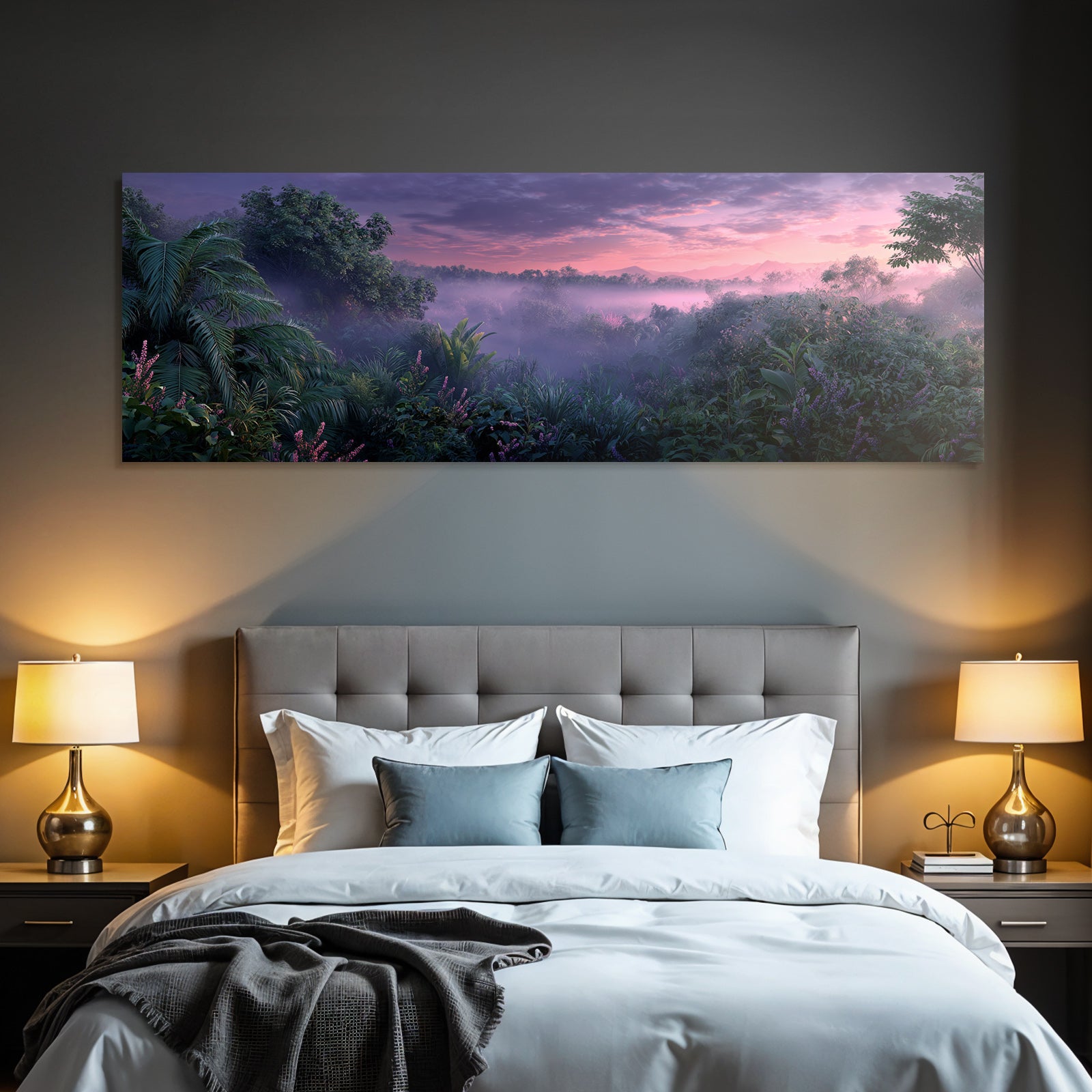 Tropics and jungle. Tranquil landscape with dense vegetation in the mist. Dawn and dusk.