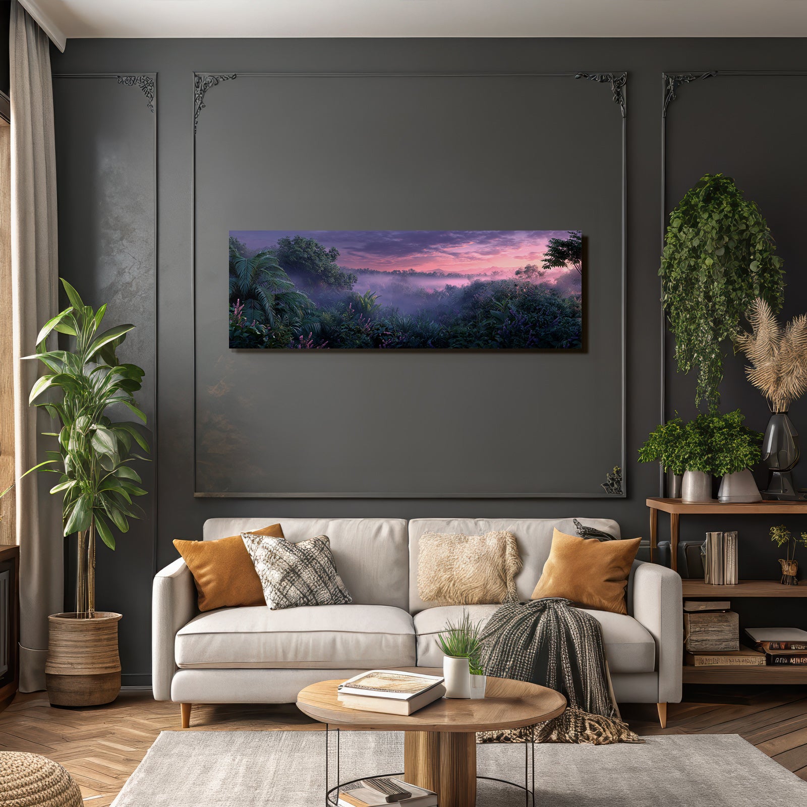 Tropics and jungle. Tranquil landscape with dense vegetation in the mist. Dawn and dusk.