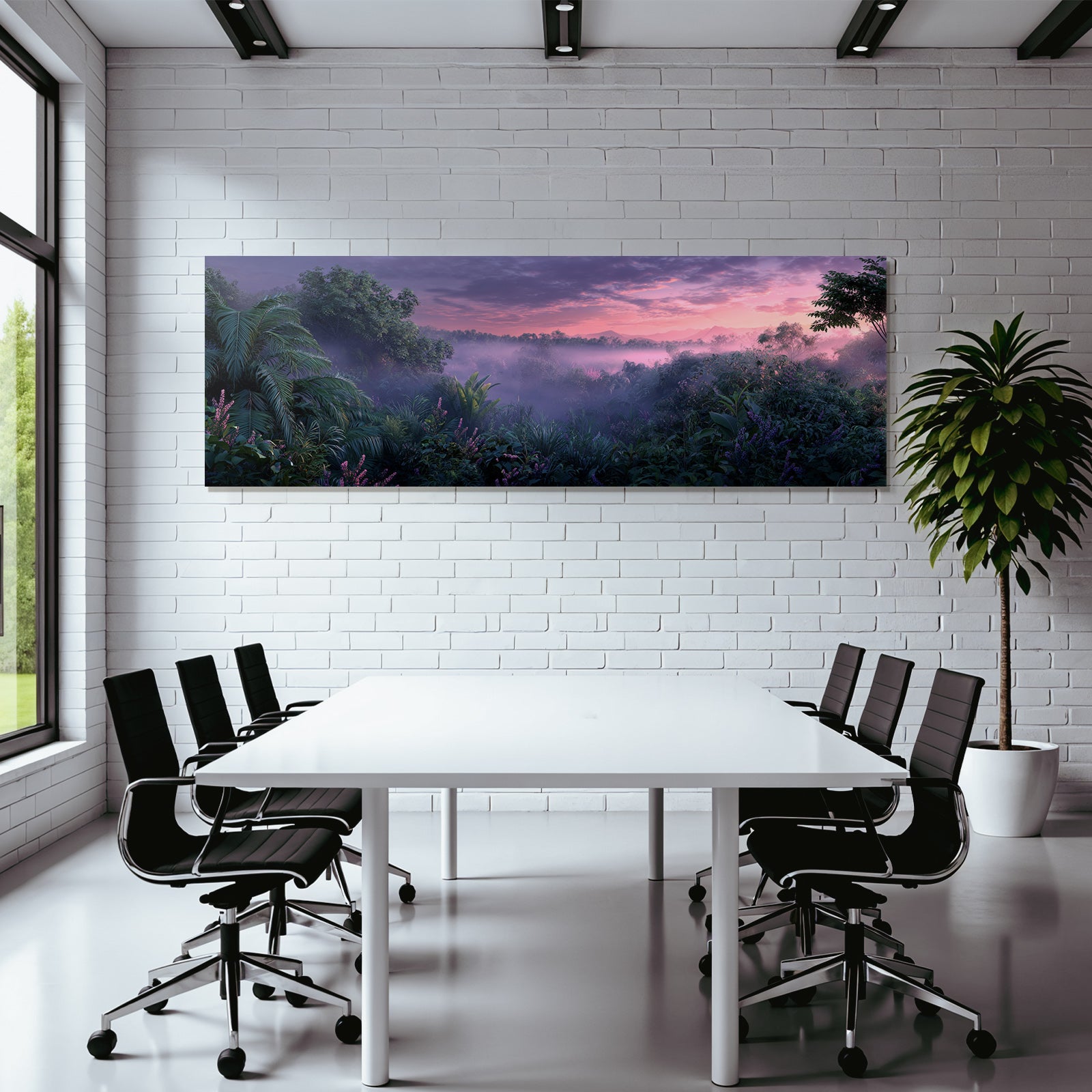 Tropics and jungle. Tranquil landscape with dense vegetation in the mist. Dawn and dusk.