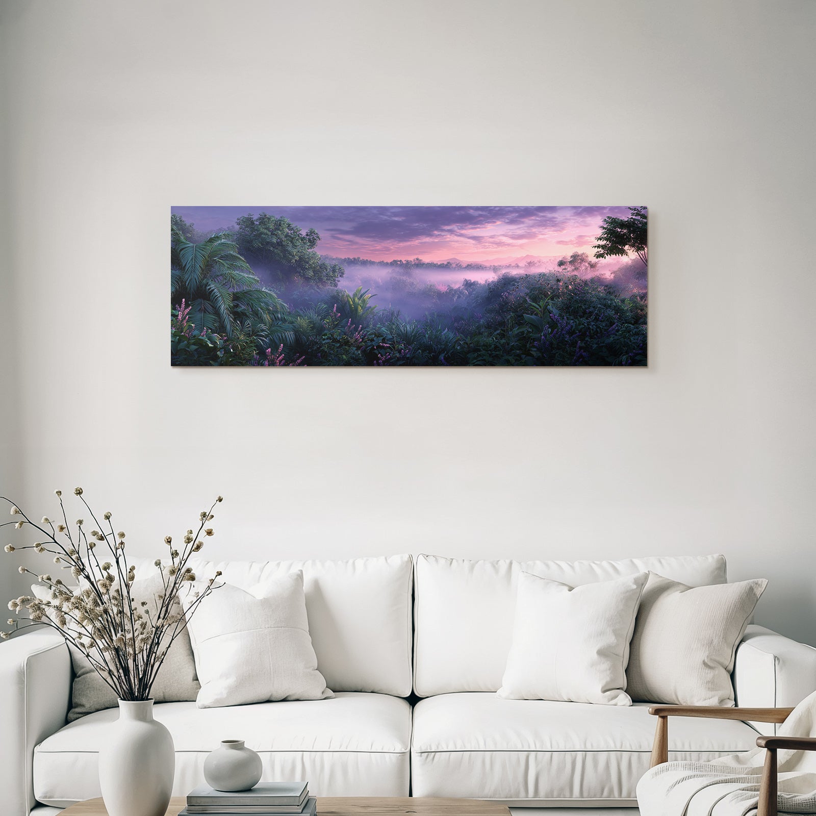 Tropics and jungle. Tranquil landscape with dense vegetation in the mist. Dawn and dusk.