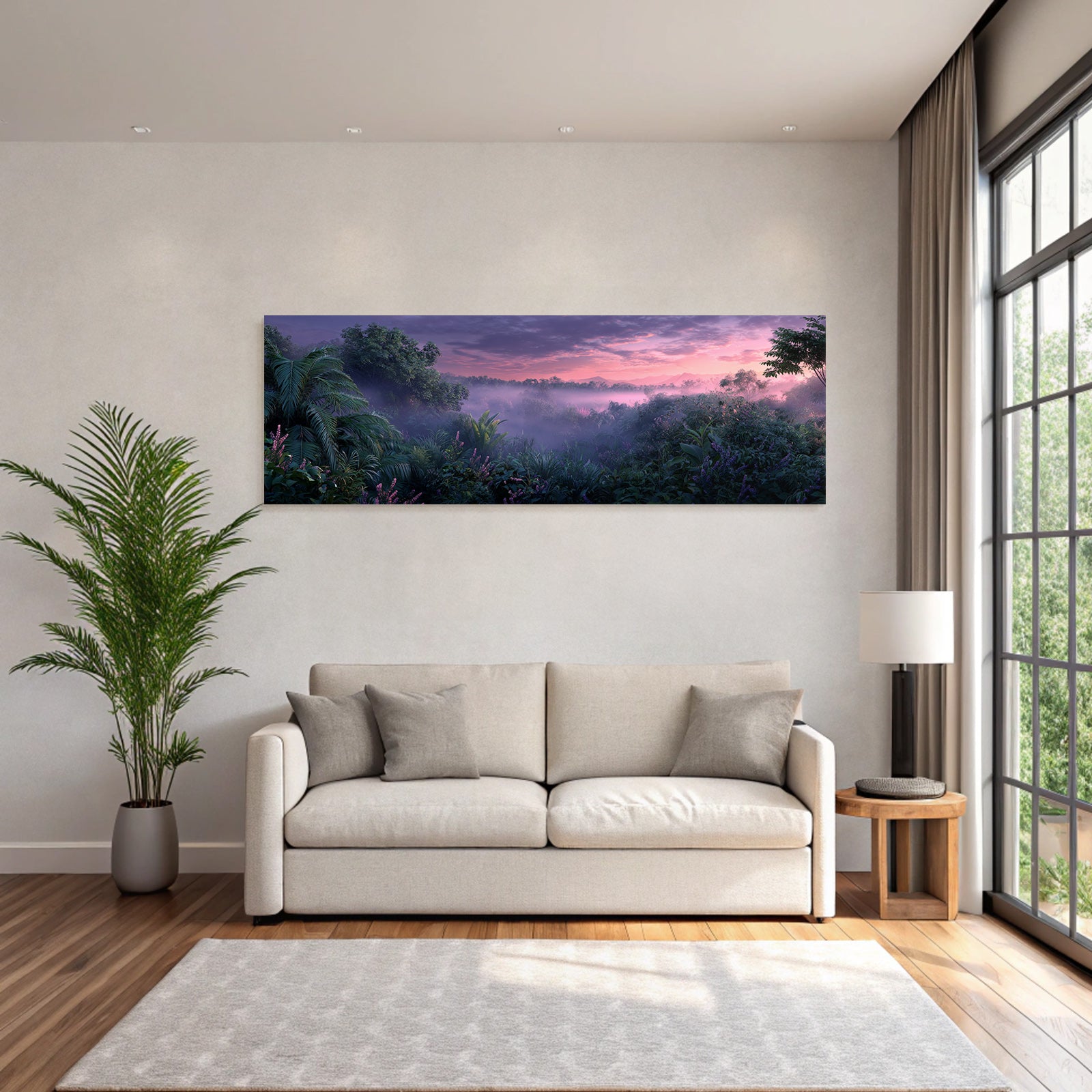 Tropics and jungle. Tranquil landscape with dense vegetation in the mist. Dawn and dusk.