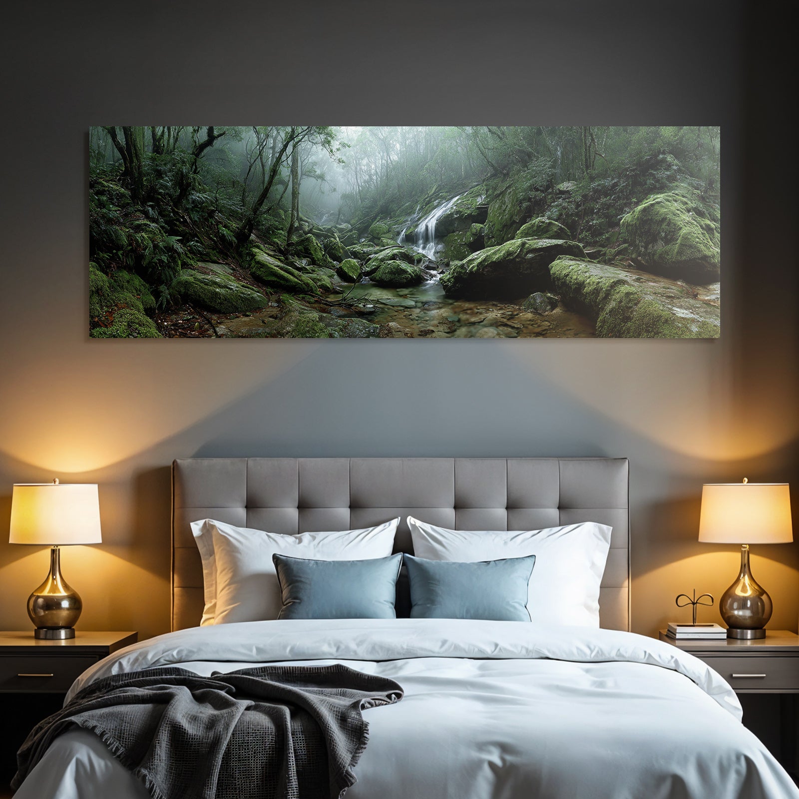 Tropics and jungle. Tranquil forest with flowing water. Fog in the landscape.