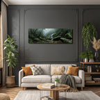 Tropics and jungle. Tranquil forest with flowing water. Fog in the landscape.