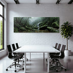 Tropics and jungle. Tranquil forest with flowing water. Fog in the landscape.