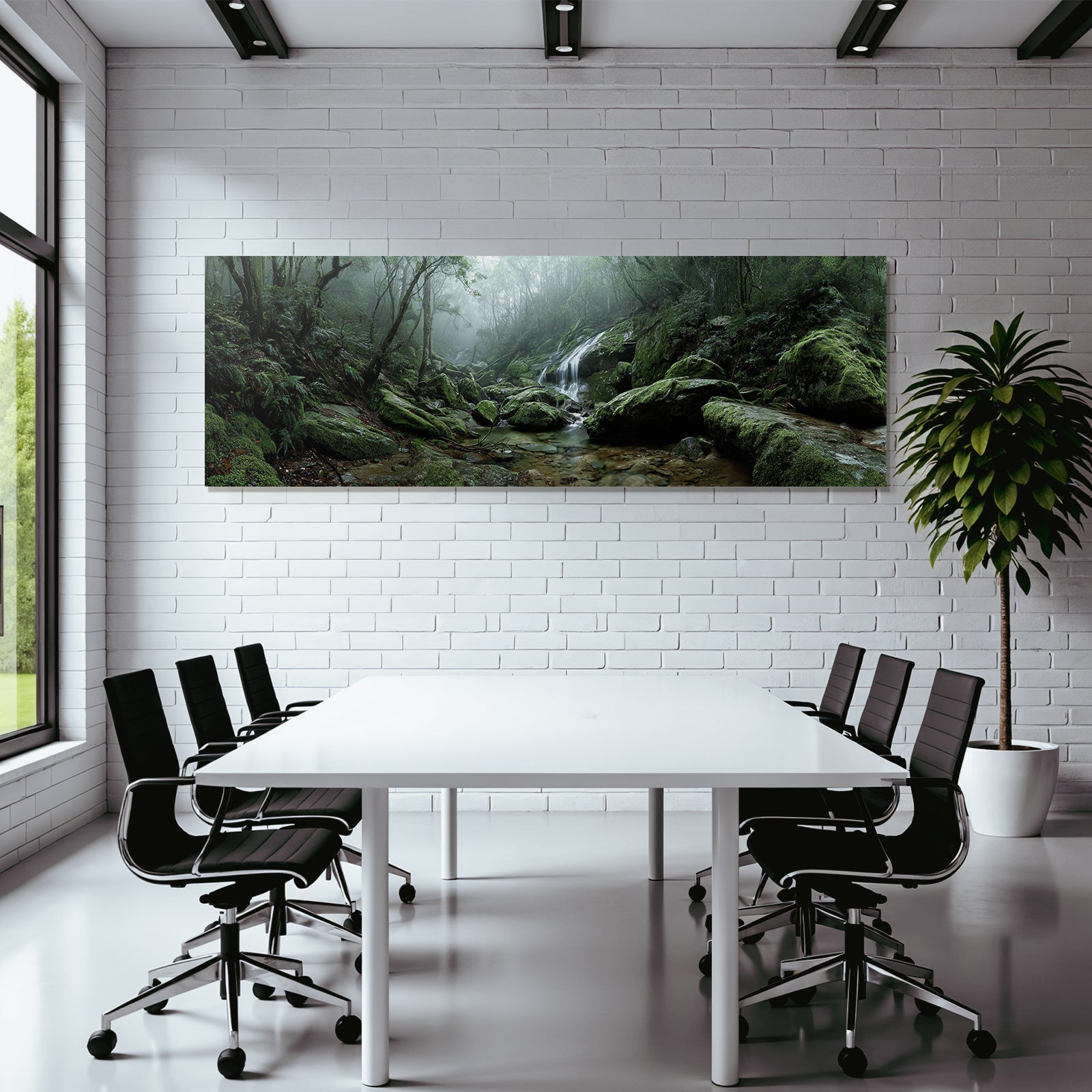 Tropics and jungle. Tranquil forest with flowing water. Fog in the landscape.