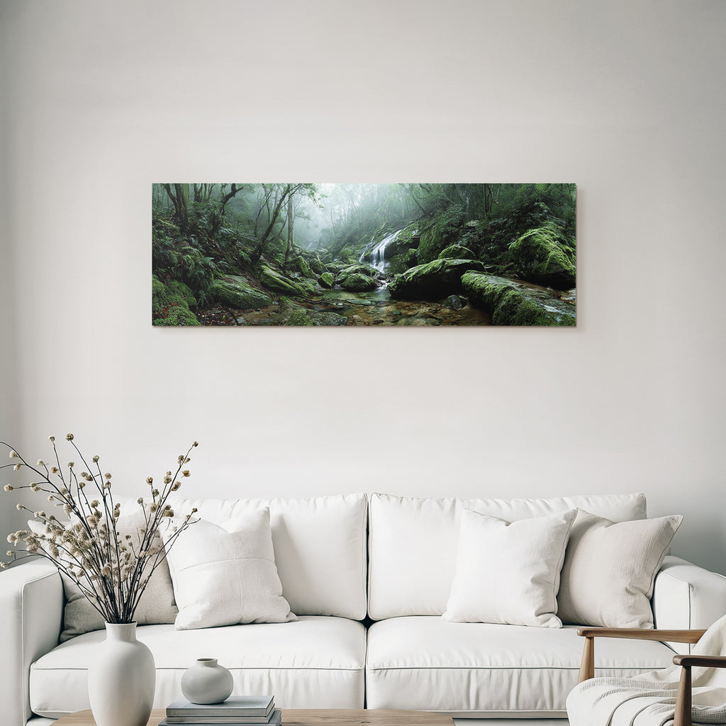 Tropics and jungle. Tranquil forest with flowing water. Fog in the landscape.