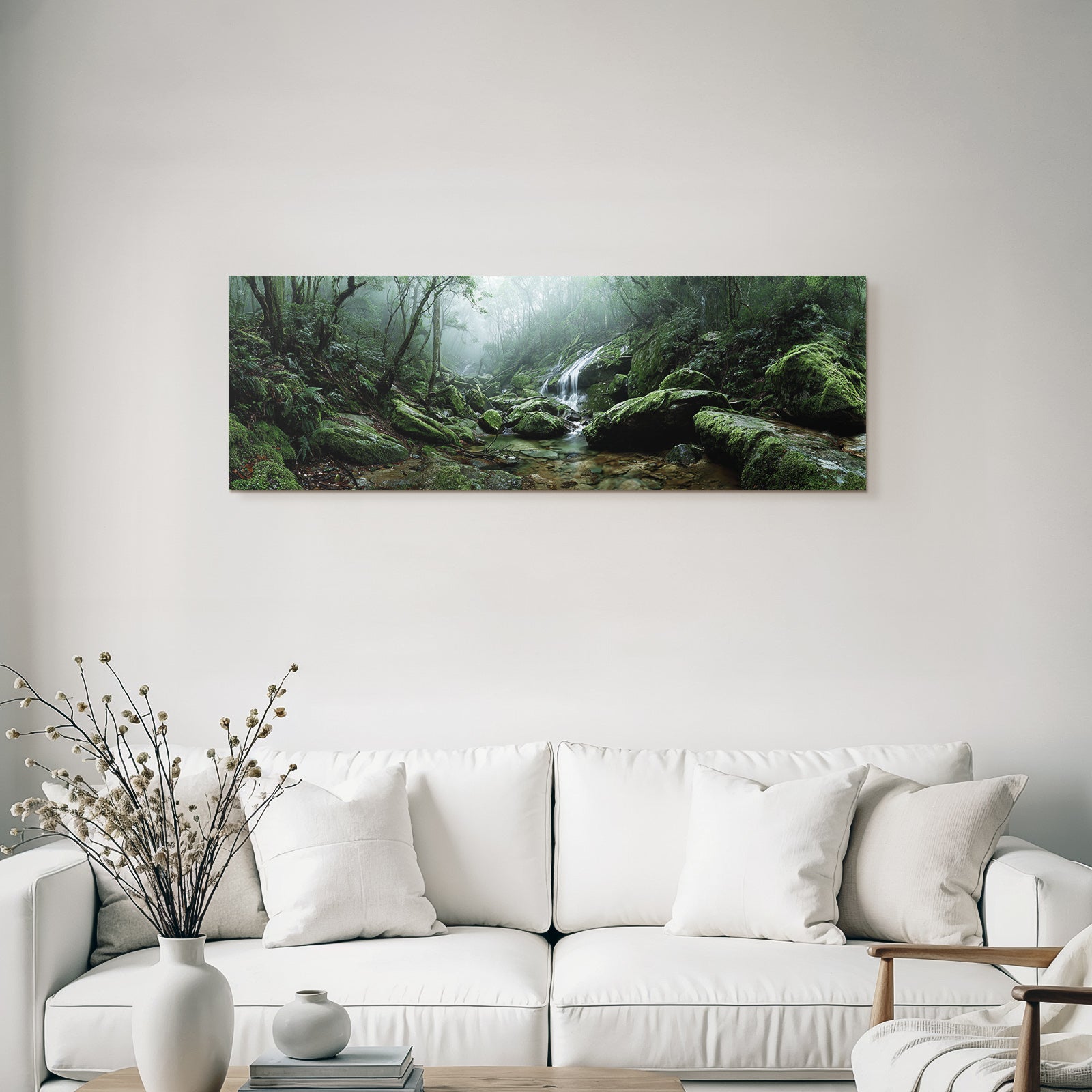 Tropics and jungle. Tranquil forest with flowing water. Fog in the landscape.