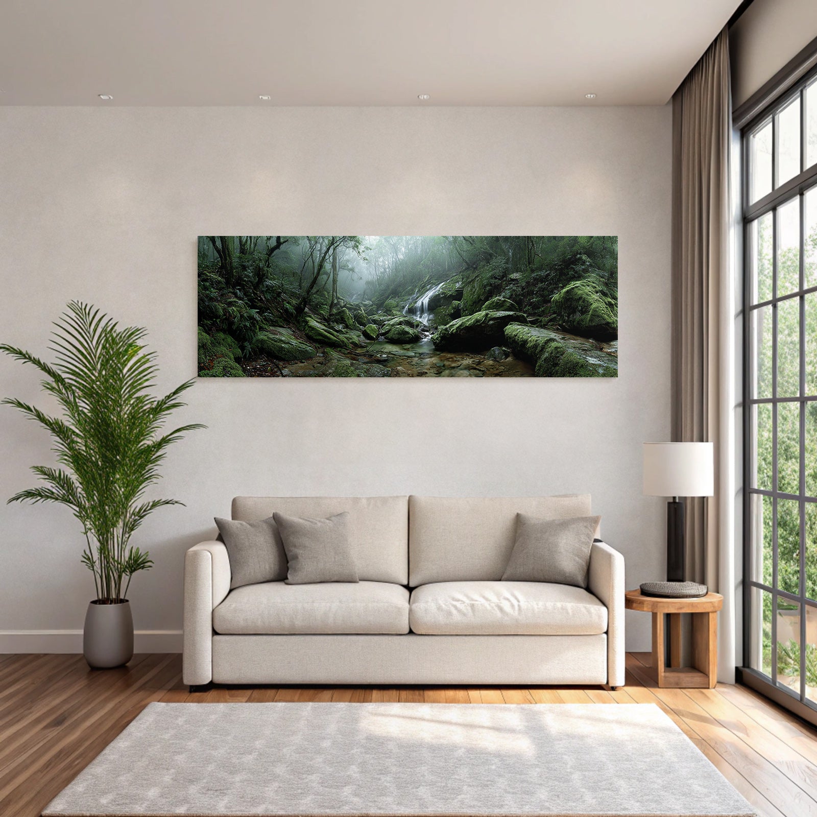 Tropics and jungle. Tranquil forest with flowing water. Fog in the landscape.