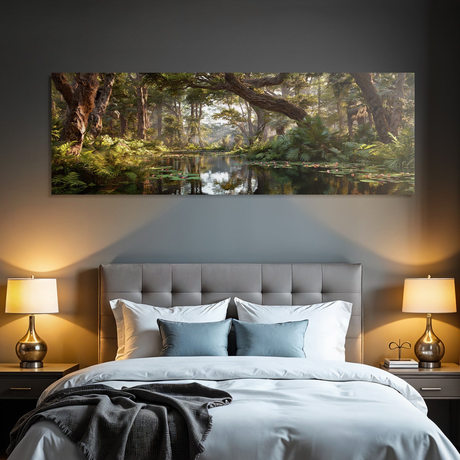 Tropics and Jungle Calm Forest Lake with Green Plants and Soft Light