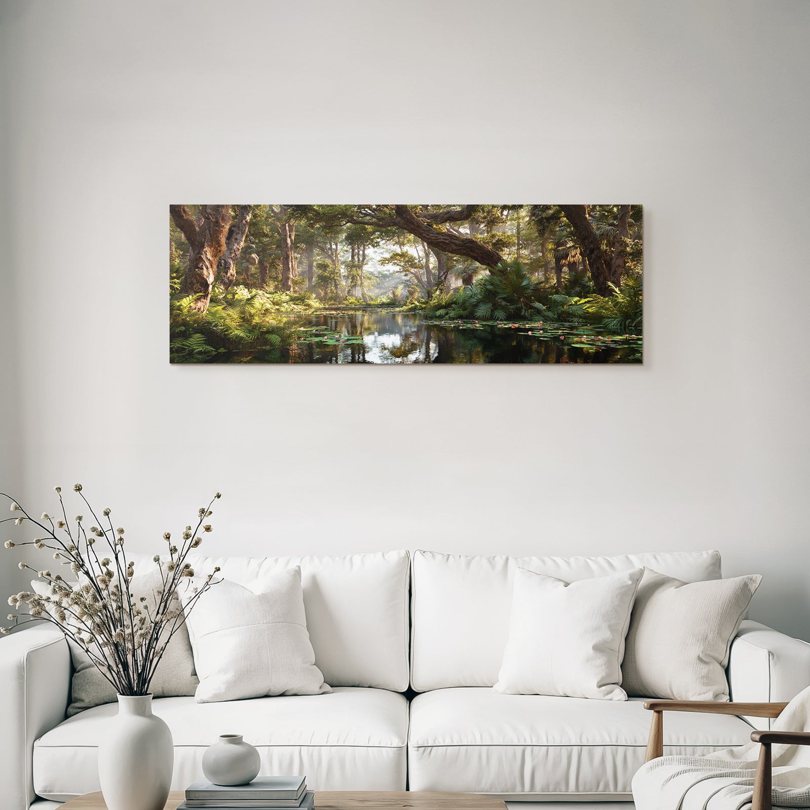 Tropics and Jungle Calm Forest Lake with Green Plants and Soft Light