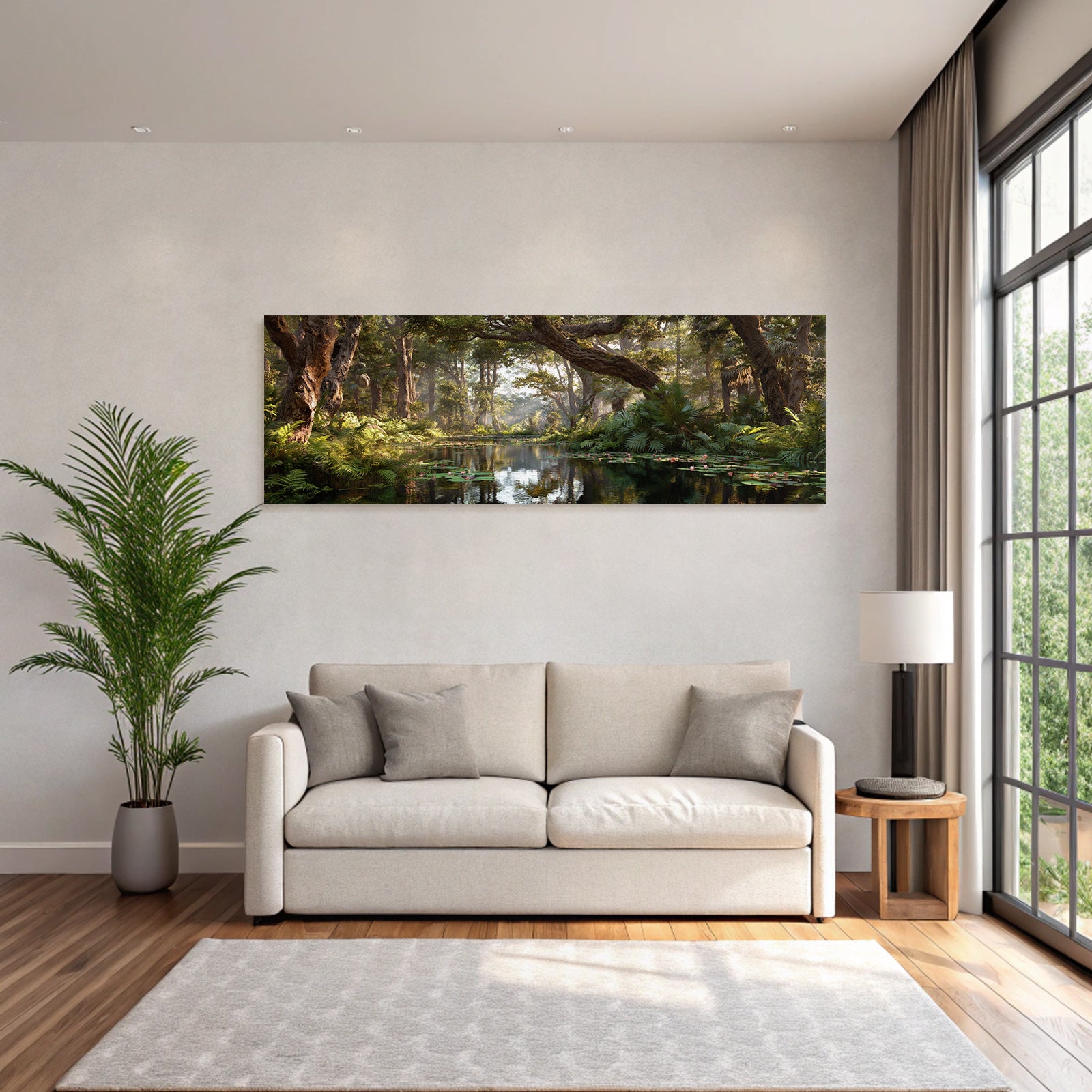 Tropics and Jungle Calm Forest Lake with Green Plants and Soft Light