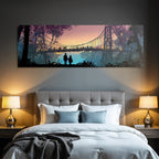 Tropics and Jungle Silhouette Figure Holding Hands Bridge Sunset Scenery