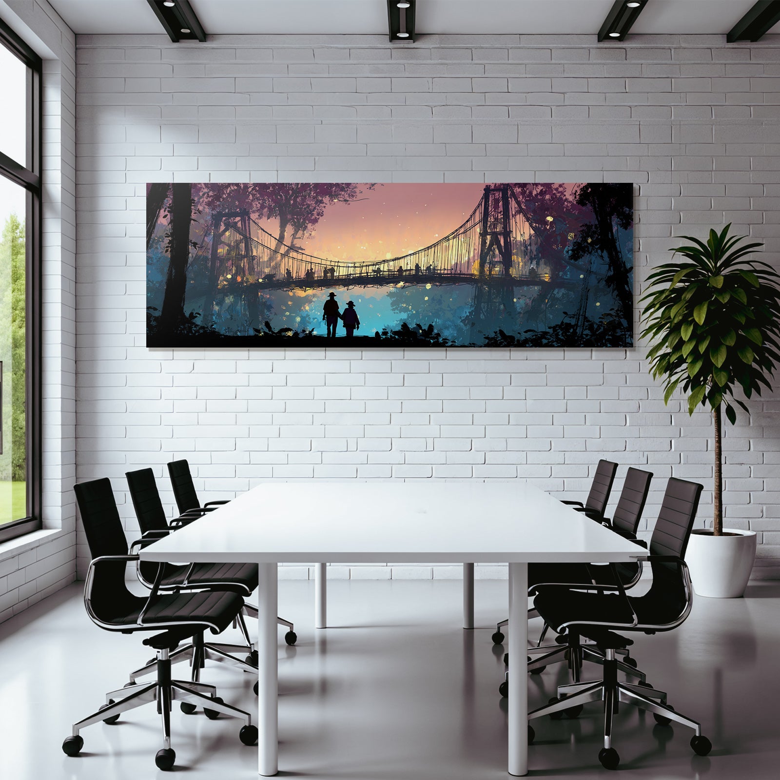 Tropics and Jungle Silhouette Figure Holding Hands Bridge Sunset Scenery