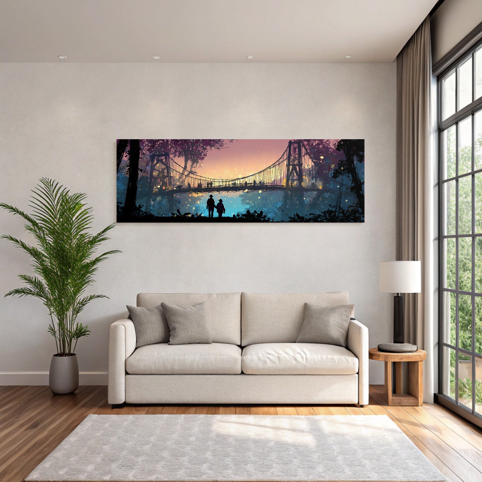 Tropics and Jungle Silhouette Figure Holding Hands Bridge Sunset Scenery