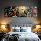 Tropics and jungle toucan and colorful episodes and flowers artistic illustration