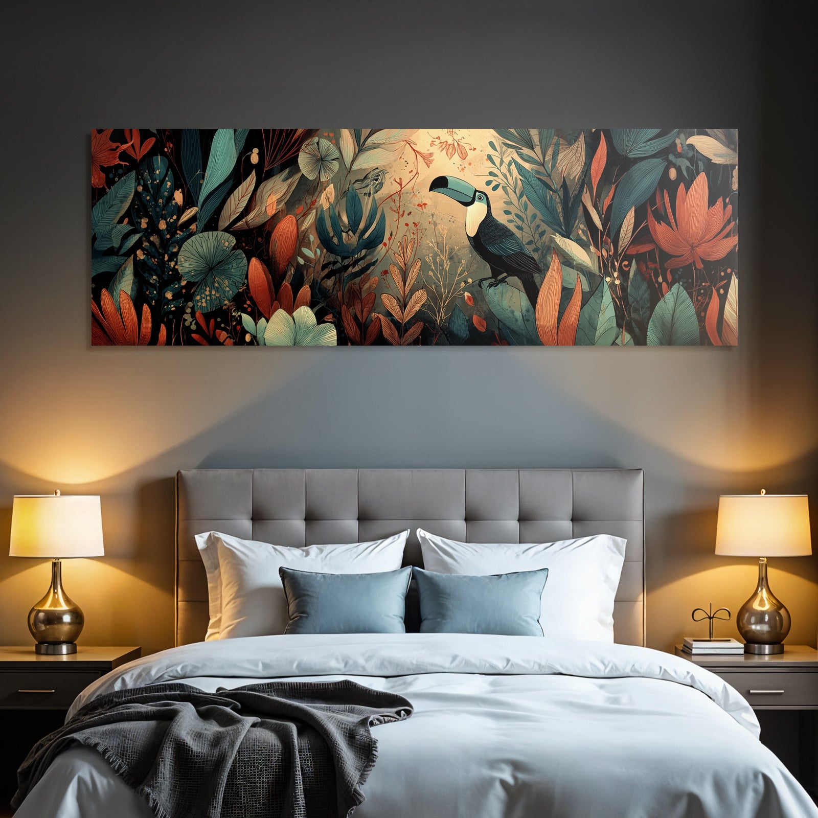 Tropics and jungle toucan and colorful episodes and flowers artistic illustration