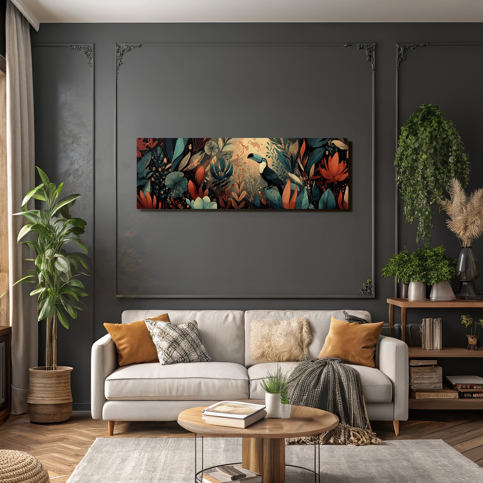 Tropics and jungle toucan and colorful episodes and flowers artistic illustration