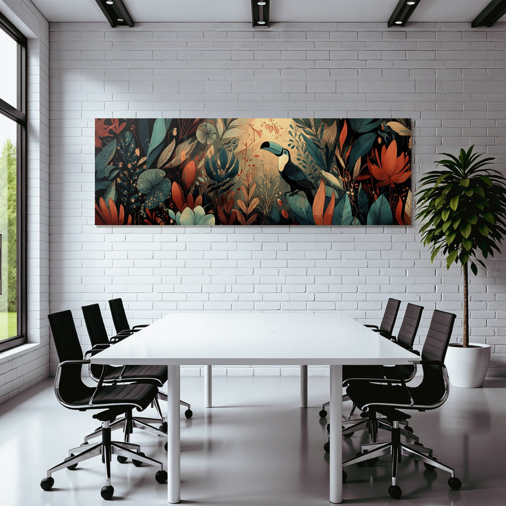 Tropics and jungle toucan and colorful episodes and flowers artistic illustration