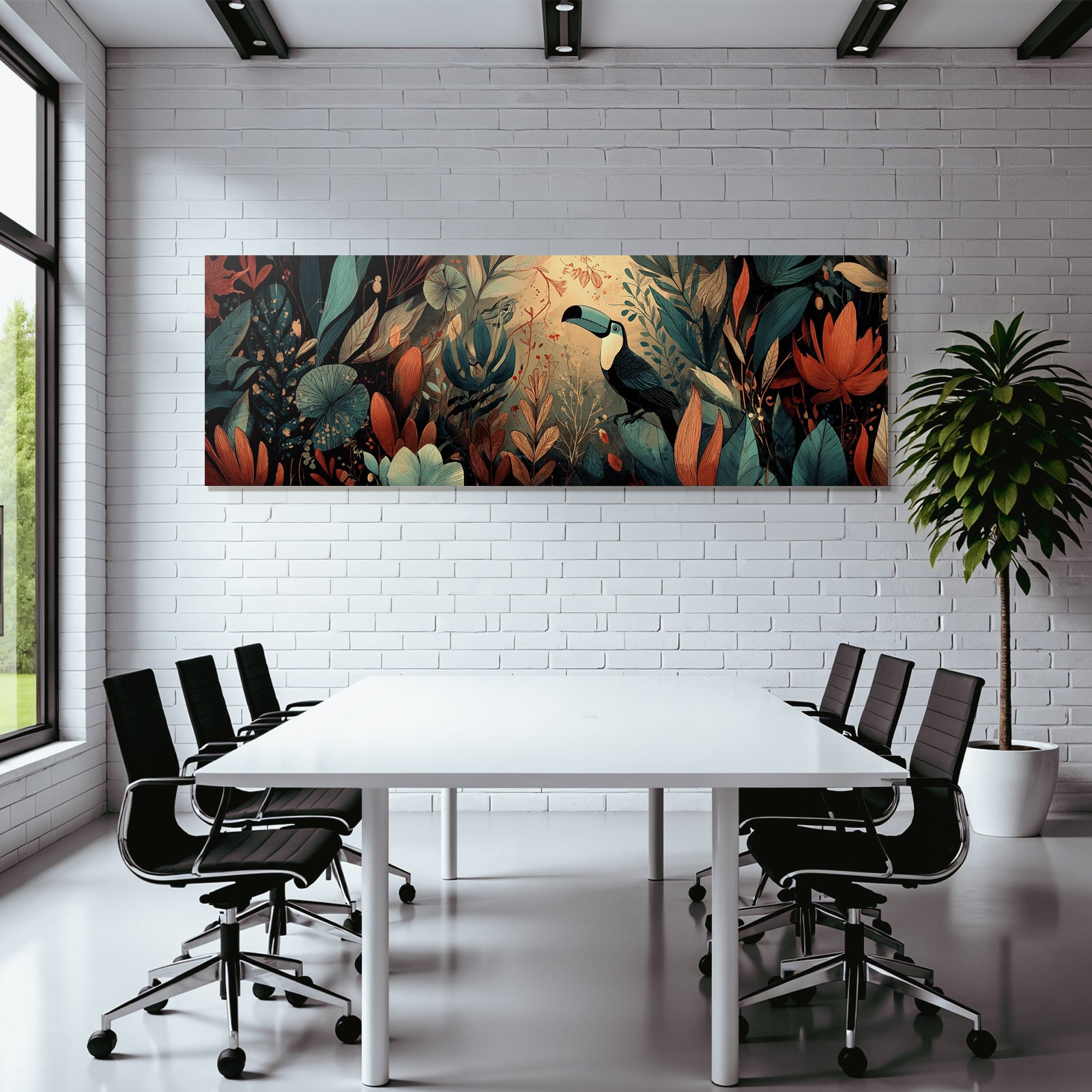 Tropics and jungle toucan and colorful episodes and flowers artistic illustration