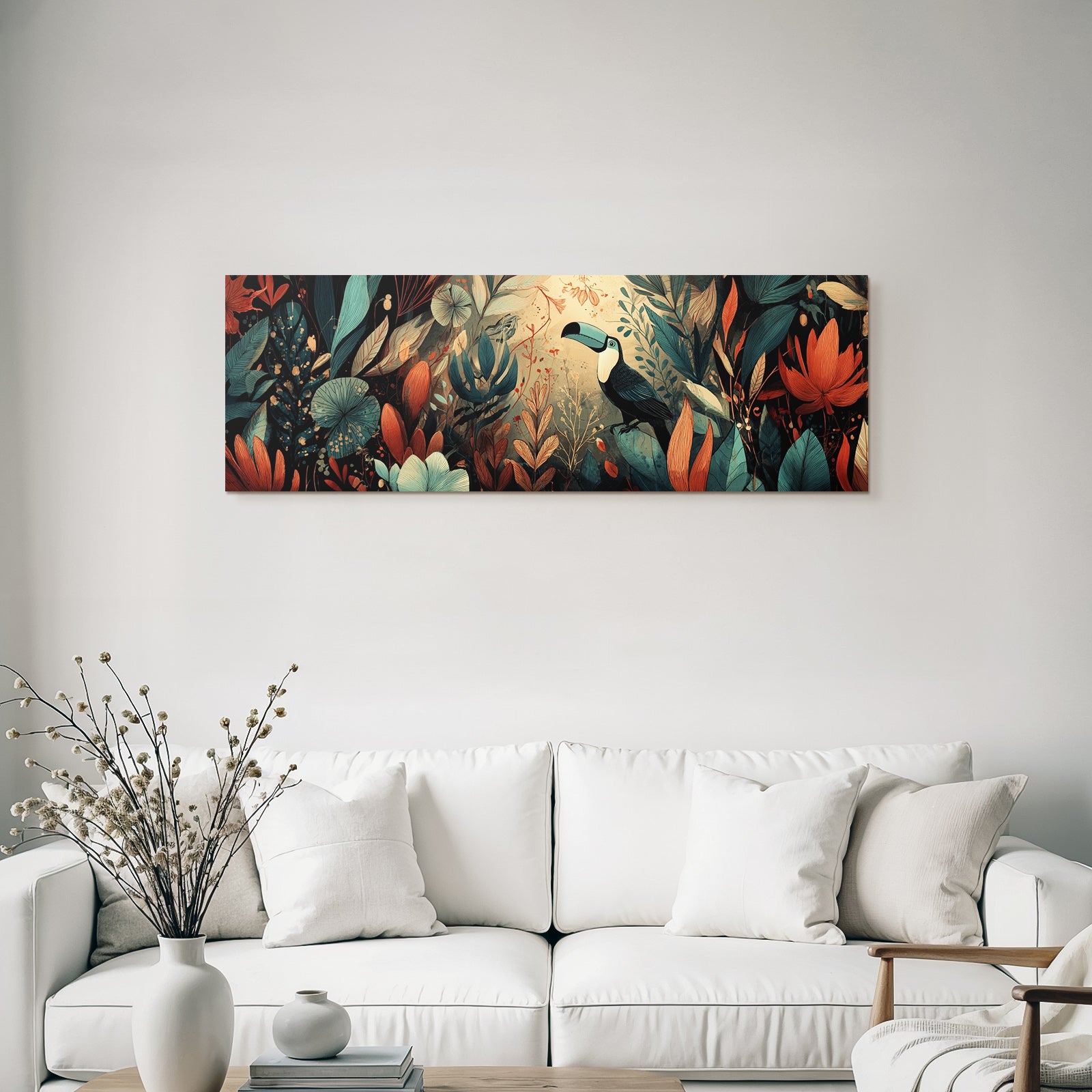 Tropics and jungle toucan and colorful episodes and flowers artistic illustration