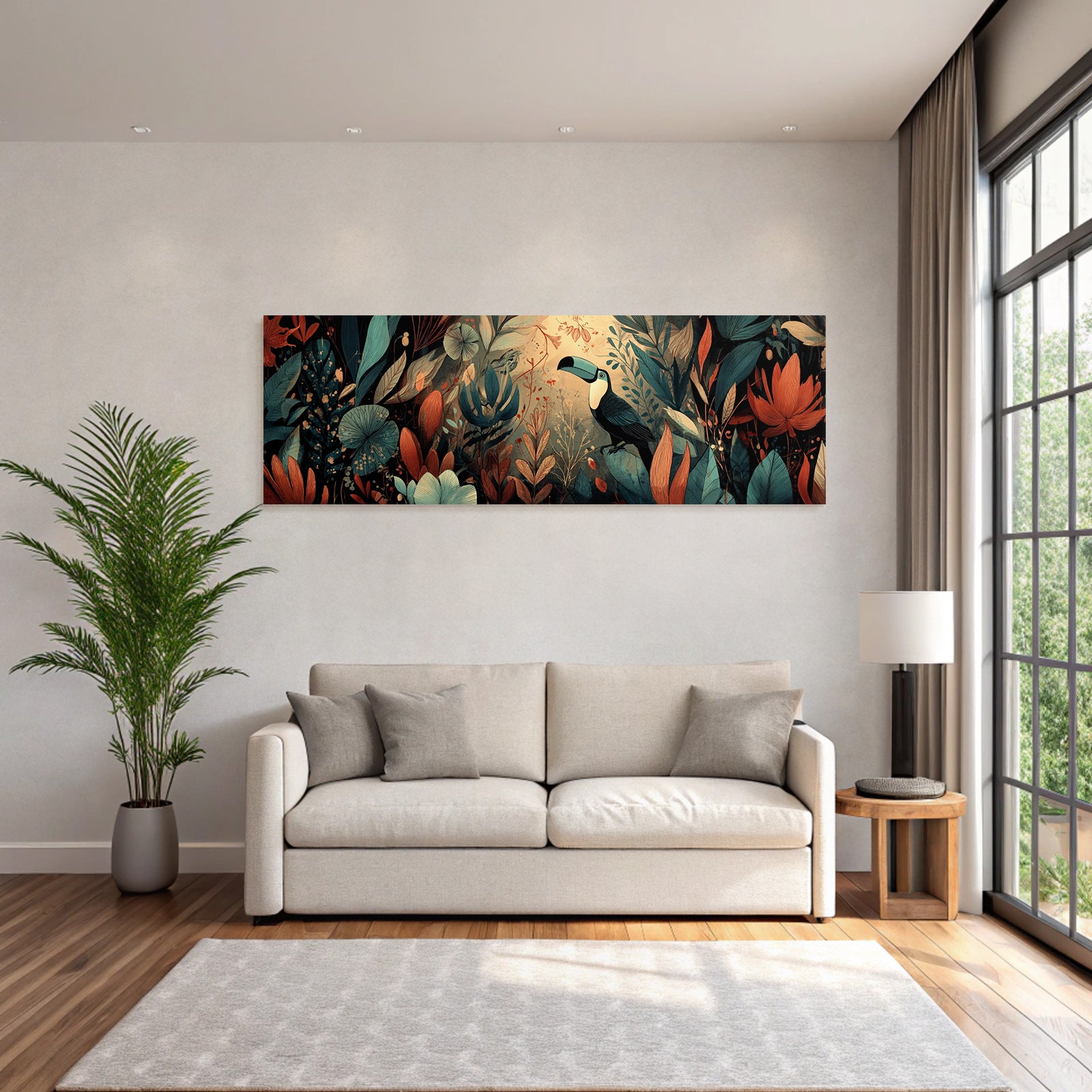 Tropics and jungle toucan and colorful episodes and flowers artistic illustration