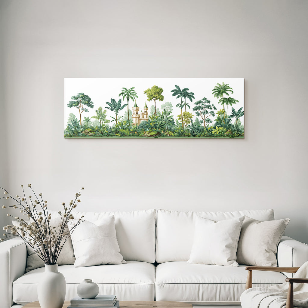 Tropics and jungle Tropical landscape with castle in green surroundings