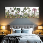 Tropics and jungle Tropical landscape with palm trees, colorful flowers and hills
