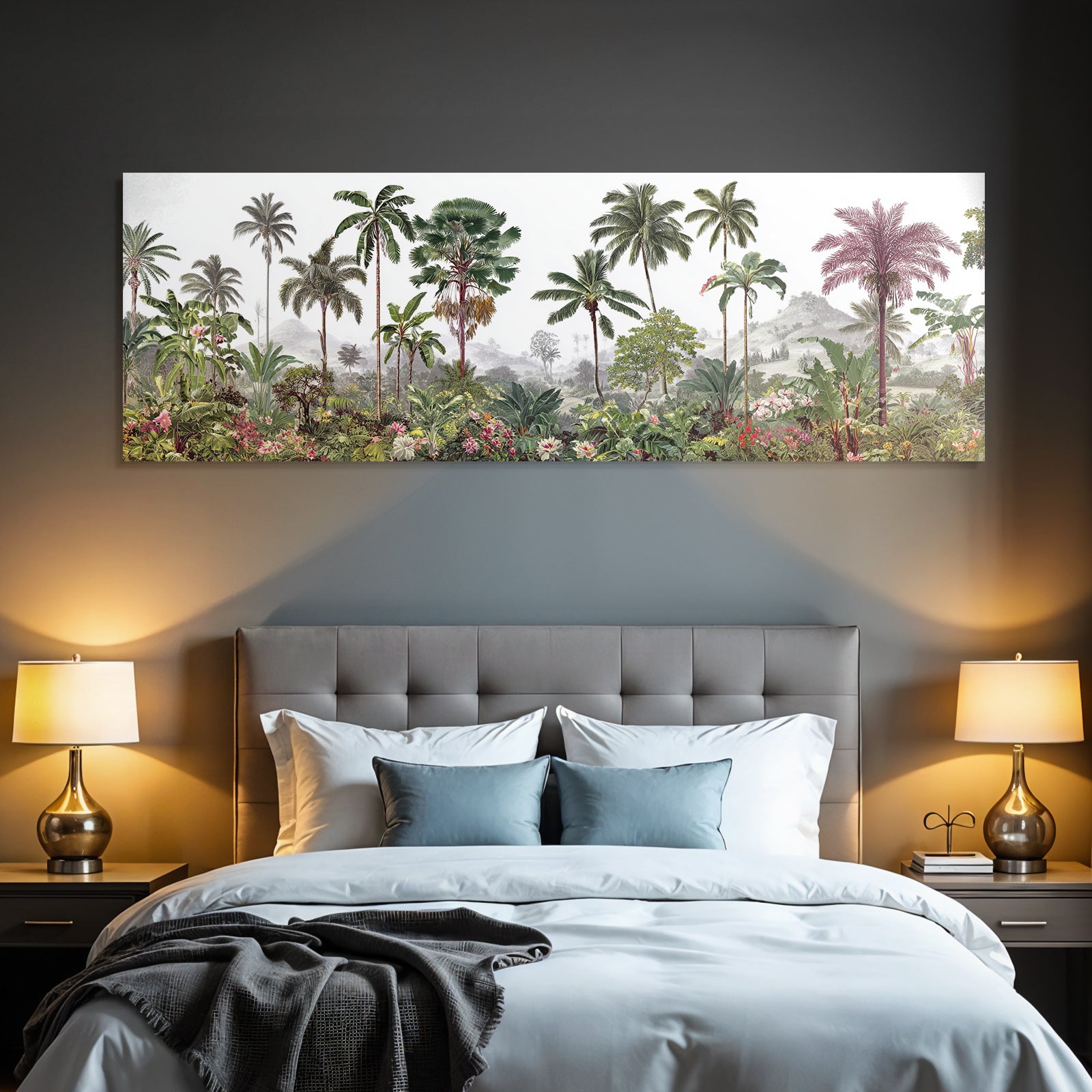 Tropics and jungle Tropical landscape with palm trees, colorful flowers and hills