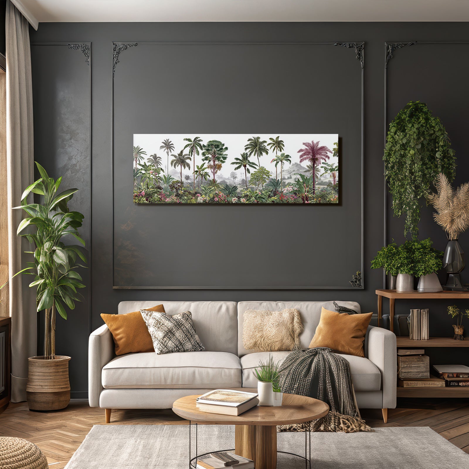 Tropics and jungle Tropical landscape with palm trees, colorful flowers and hills