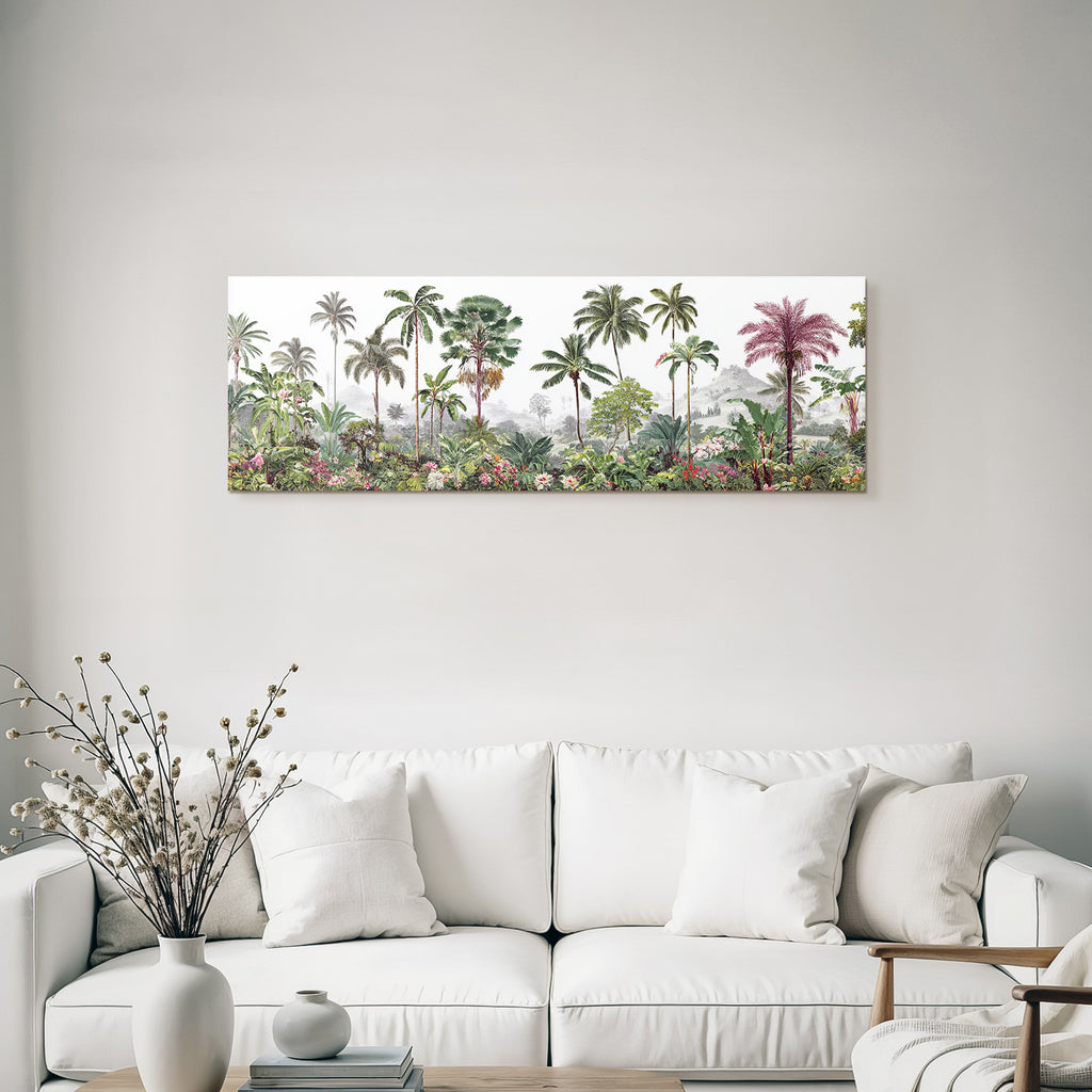 Tropics and jungle Tropical landscape with palm trees, colorful flowers and hills