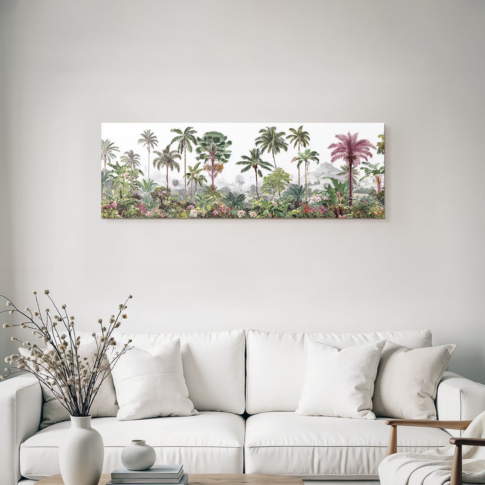 Tropics and jungle Tropical landscape with palm trees, colorful flowers and hills