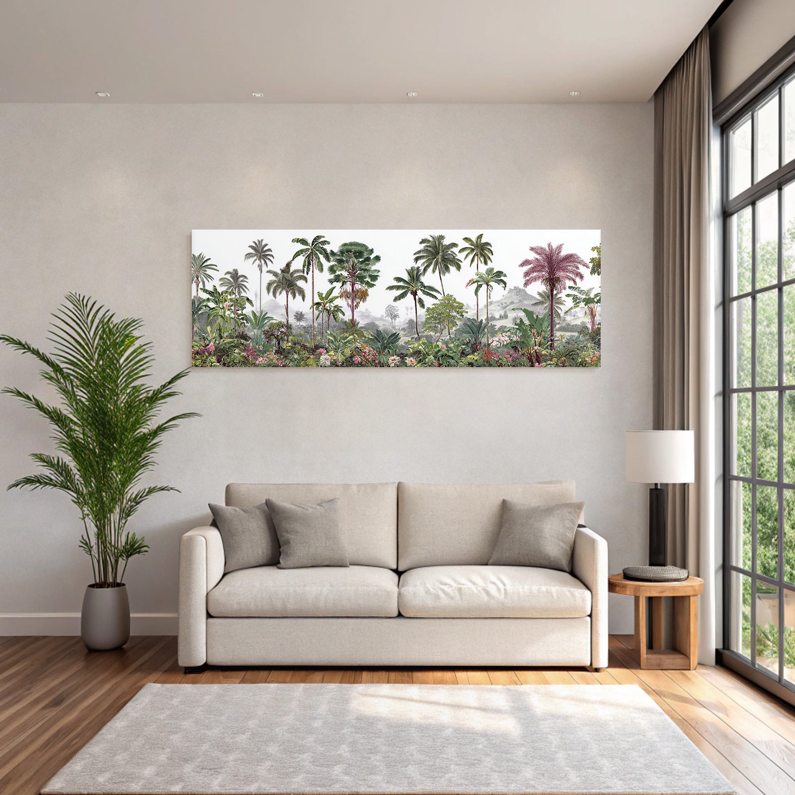 Tropics and jungle Tropical landscape with palm trees, colorful flowers and hills