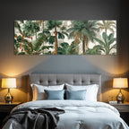 Tropics and jungle. Tropical plant landscape with palm trees and green leaves.
