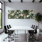 Tropics and jungle. Tropical plant landscape with palm trees and green leaves.
