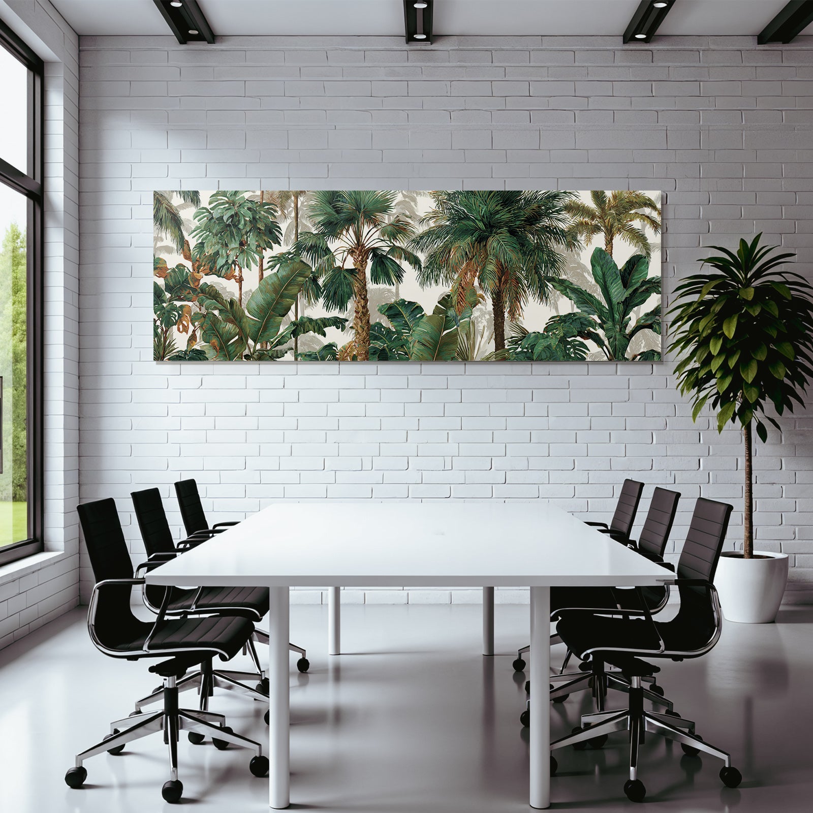 Tropics and jungle. Tropical plant landscape with palm trees and green leaves.